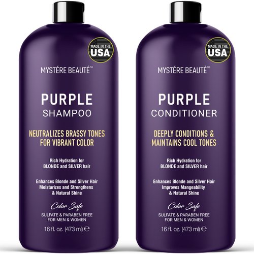 MYSTÉRE BEAUTÉ Purple Shampoo and Conditioner Set, For Blonde, Silver, and Gray Hair - Purple Shampoo Conditioner Sulfate & Paraben Free, Purple Shampoo and Conditioner for Men Women - 16 fl oz each