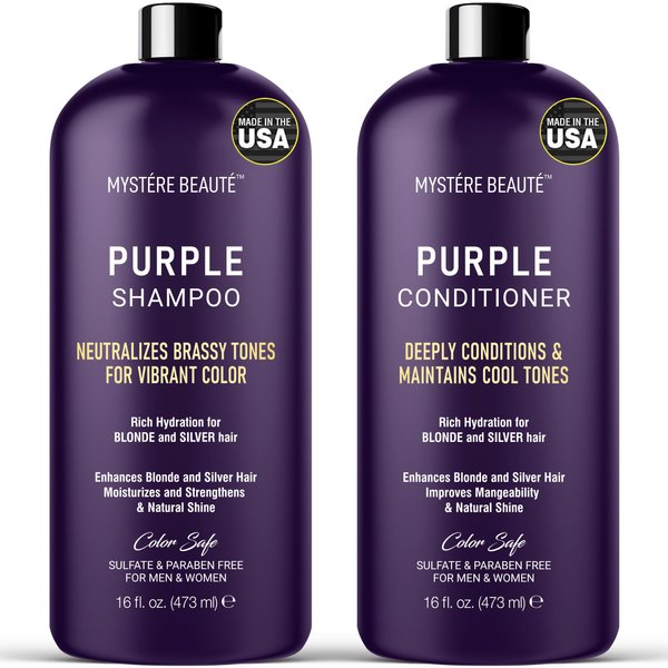 MYSTÉRE BEAUTÉ Purple Shampoo and Conditioner Set, For Blonde, Silver, and Gray Hair - Purple Shampoo Conditioner Sulfate & Paraben Free, Purple Shampoo and Conditioner for Men Women - 16 fl oz each