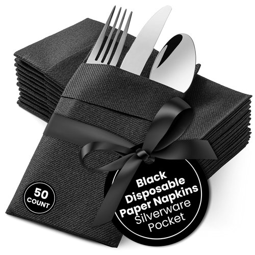 AH AMERICAN HOMESTEAD Linen Feel Paper Dinner Napkins with Silverware Pocket - 16"x15.5" Bulk Disposable Napkins, Elegant Linen Like Style Hand Towel Napkins for Dinner Parties Weddings - Black 50ct