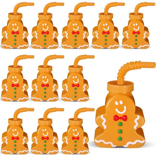 Sliner 12 Pcs Christmas Party Plastic Cups 10 oz Xmas Tree Gingerbread Peppermint Candy Snowflake Cups Gift Set with Lids Straws for Xmas Birthday Party Gifts Supplies(Gingerbread)