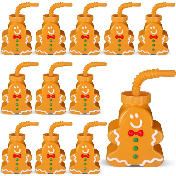 Sliner 12 Pcs Christmas Party Plastic Cups 10 oz Xmas Tree Gingerbread Peppermint Candy Snowflake Cups Gift Set with Lids Straws for Xmas Birthday Party Gifts Supplies(Gingerbread)