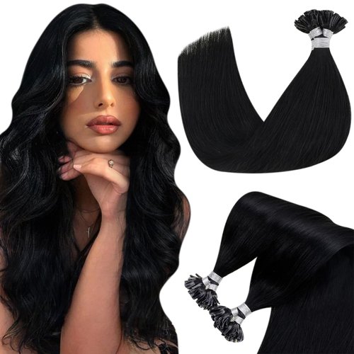Hetto Utip Real Human Hair Extensions Black U tip Hair Extensions #1 Jet Black U Tip Extensions Remy Human Hair Hot Fusion 18 Inch 50 Strands 50g