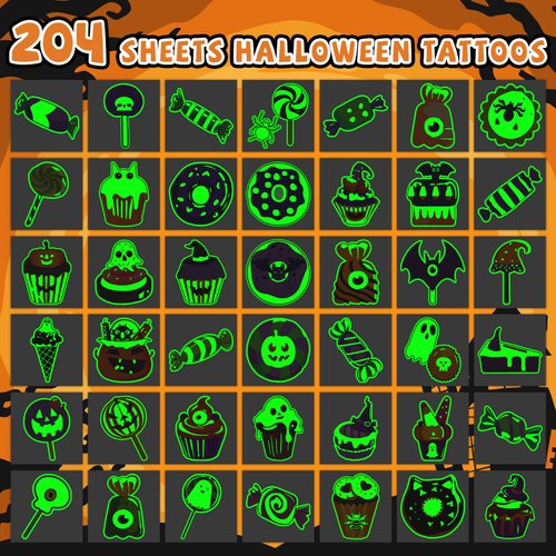 EMOME 204 Piece Candy-Themed Halloween Tattoos, Halloween Treats Candy Bulk for kids, Tattoo Stickers Design for Halloween Party Favors Decorations Goodie Bags