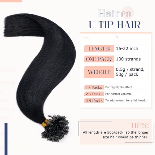 Hairro U Tip Hair Extensions Remy Pre Bonded Fusion Hairpieces Utip 100% Human Hair U-tip Nail Tipped Keratin Glue Stick Microlink Hair Extension For Women 100 Strands 14" 50g #1B Natural Black