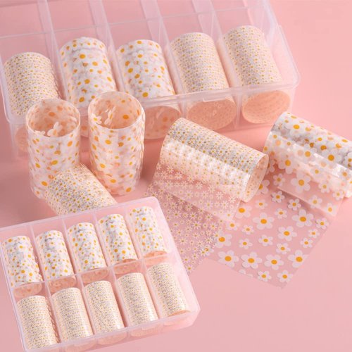 10 Rolls Mix Size White Sun Flower Nail Transfer Foils Nail Art Supplies Set Mini Flower Nail Decals Nail Stickers for Nail Art Designer Spring Summer Floral Theme Nail Foil Transfer Sheets