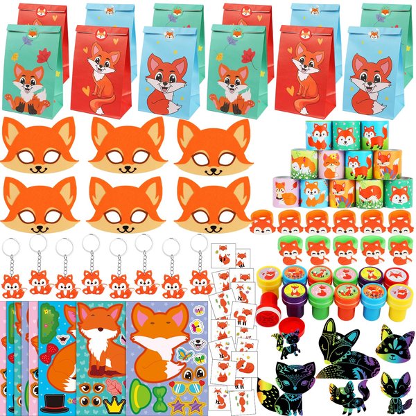 Fox Party Favors, 132PCS Fox Themed Birthday Party Supplies, Fox Gifts Goodie Bag Stuffers Stickers Stamps Toys Pinata Prizes for Jungle Safari Party Woodland Creatures Fox Birthday Party Decorations