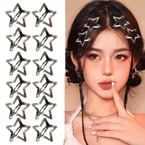 Paderison 12Pcs Silver Star Hair Clips, Y2K Hair Accessories for Girls & Women, Non Slip Star Clips for Kids, Metal Star Hair Clips, 1.22 inches, 12 Count