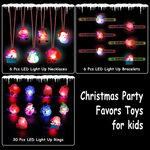 KIMOBER 42PCS Christmas Party Favors for Kids,Glow Rings Necklaces Bracelets,Light Up Xmas Toys Glow in the Dark Party Supplies for Christmas Candy Bag Fillers Party Decorations