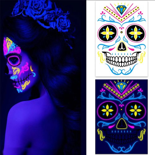Halloween Stickers for face with Neon, Day of the Dead Makeup Tattoo Stickers Halloween Party Decoration for Masquerade, Luminous Skull Design DIY Self Adhesive Face Decals
