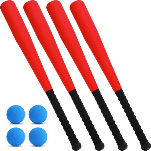 Wettarn 4 Pieces Foam Baseball Bat 24 Inches Foam Bat with 4 Pcs Safe Soft Baseballs T Ball Set for Outdoor Indoor Sport Game Baseball Beginners Practice Playing Training (Red)