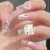 Nail Apparel Y2K Long Coffin Cute Kawaii Press on Nails 3D Cartoon Glitter Rhinestone Heart Pearl Bow Flame Long Ballet Trapezoid Fake Nails 24Pcs (White Flame Kitty)
