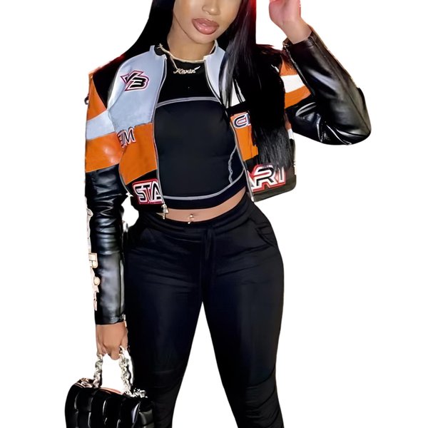 VOIKERDR Faux Leather Jacket Women Zipper Moto Biker Short Bomber Jacket Women