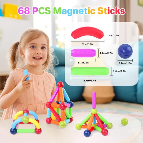 BEBOAN 68pcs Magnetic Building Blocks Stem Toy for Kids Toddlers Ages 3-5/4-8 Boys & Girls, Preschool Educational Learning Classroom Must Haves Magnet Sticks and Balls Toys Gift Set