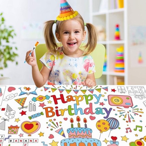 Birthday Giant Coloring Poster,35x72Inch Happy Birthday Coloring Tablecloth, Drawing Paper Coloring Tablecover, Happy Birthday Activities DIY Coloring Mat for Kids Classroom Home Party Supplies