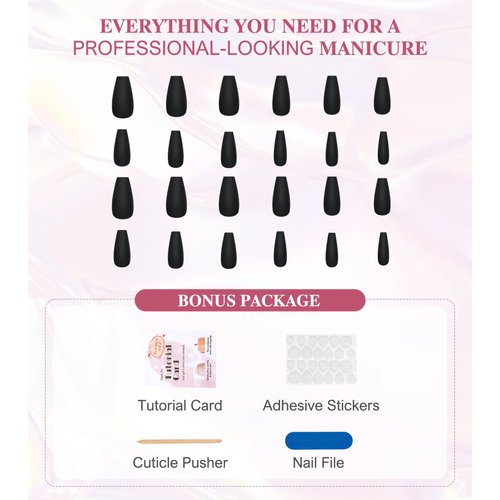 Black Press On Nails - Aegenacess Press On Nails Coffin, Matte Fake Nails with Glue Sticker, Press On Nails Long, Solid Color Stick On Nails in 12 Sizes, 24PCS Glue On Nails, Black Velvet