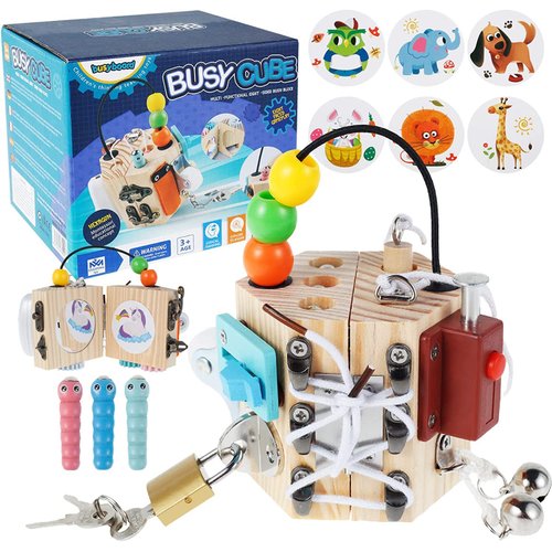PORLPOEK Busy Cube for Kids Sensory Busy Board Travel Toy 14 in 1 for Toddlers ,Handmade Activity Cube Autism Sensory Toys for Educational Learning,Fidget Board Montessori Toys for Babies Gift