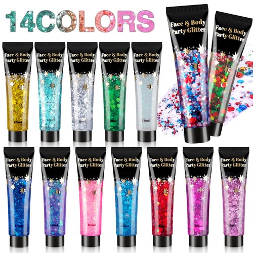 14 Colors Body Glitter, Face Glitter, Hair Glitter, Makeup Section Glitter Gel, Daylight Glitter Gel for Body, Face,Hair, Eyeshadow, Glitter for Festival, Rave, Party, Face and Body Glitter Gel