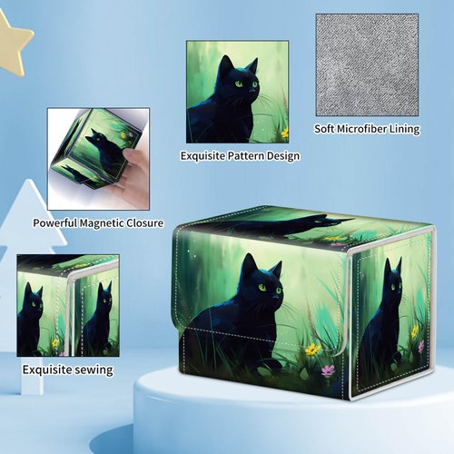 ACWDMKH for MTG Commander Deck Box,Card Deck Box for Trading Card Yugioh MTG Cards,Fits 100 Double Sleeved Cards,PU Leather Strong Magnet Card Deck Case for Magic Commander TCG CCG,Black Cat Forest