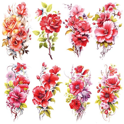 Oottati 8 Sheets Arm Waterproof Temporary Tattoos Red Flower Green Leaf
