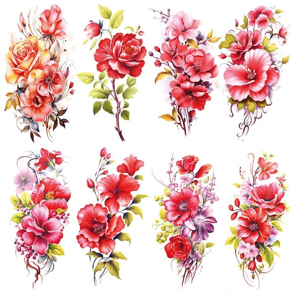 Oottati 8 Sheets Arm Waterproof Temporary Tattoos Red Flower Green Leaf