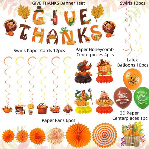 79PCS Thanksgiving Party Decorations Set Includes Pre-assembled GIVE THANKS Banner, Balloons, Paper Fans, Turkey Autumn Hanging Swirls, Honeycomb Centerpieces for Table, Thanksgiving Party Supplies