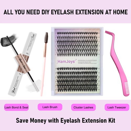 HAMJOYS Lashes 20D 40D D Curl 9-16mm Eyelash Extension Kit Lash Clusters Kit Lash Bond and Seal Waterproof Lash Tweezers Individual Lashes Kit DIY Lash Extension Kit (TZ4-20D/40D-0.07D-9-16Mix Kit)