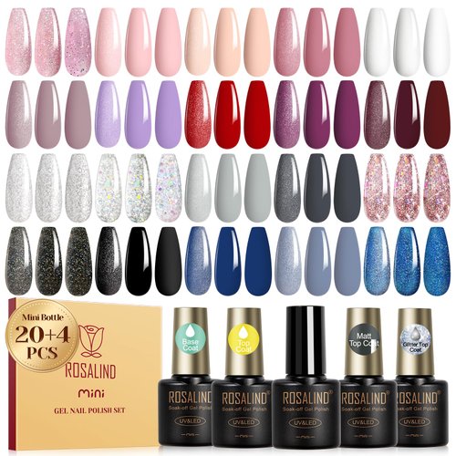 ROSALIND Gel Nail Polish 24PCS Gel Colors White Black Nude Pink Blue Gel Polish Set with Base and...
