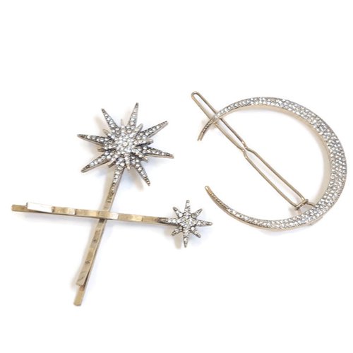 Set Of 3 Moon Stars Rhinestones Hair Clips