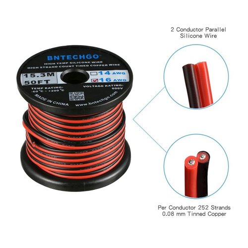 BNTECHGO 16 Gauge Flexible 2 Conductor Parallel Silicone Wire Spool Red Black High Resistant 200 deg C 600V for Single Color LED Strip Extension Cable Cord,model,50ft Stranded Tinned Copper Wire