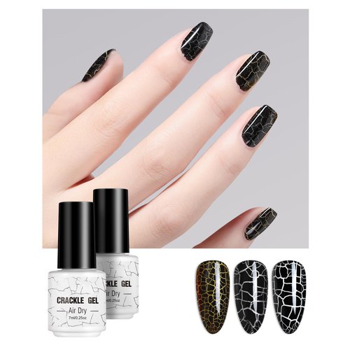 3D Crackle Nail Gel Glue Polish,2 Pcs Magic Super Easy Cracked Black Gel Polish Long lasting Amazing Cool Crackle Effect Patterned Nail Air Dry UV LED Soak Off Home Nail DIY Art Women Gift-032
