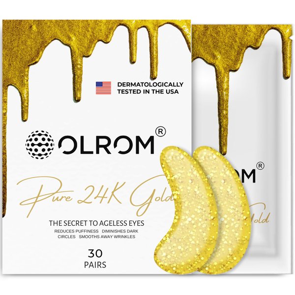 Olrom 24K Gold Under Eye Patches (30 Pairs) - Vegan Collagen and Avocado Extract Eye Masks for Dark Circles, Puffiness, and Anti-Aging - Hydrating Eye Skincare for Men & Women