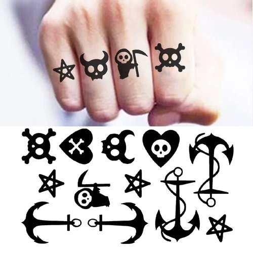 Oottati 2 Sheets Waterproof Small Cute Fake Hand Neck Finger Temporary Tattoos Stickers Black Anchor Death Skull Star Heart