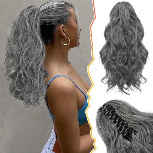 BARSDAR Claw Clip Ponytail Extension - 14 Inch Short Wavy Ponytail Hair Extensions for Women - Gray Ponytail Thick Soft Synthetic Clip in Pony Tails Hairpieces Daily Halloween - Black & Gray Mixed