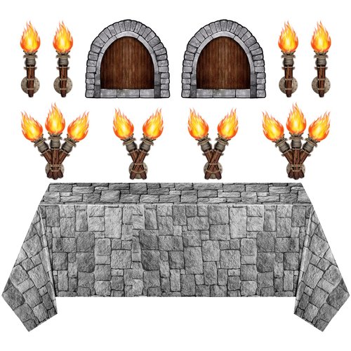 Zonon 11 Pcs Medieval Scene Setter Set Window Torch Props Plastic Brick Tablecloth Knight Themed Castle Decorations Medieval Party Decorations for Party Accessory(Rustic Window)