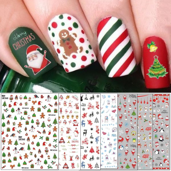 TailaiMei Christmas Nail Decals Stickers, Self-Adhesive Nail Art Decorations, Design for Santa Claus Snowflake Snowman (1366 Pcs, 12Sheets)