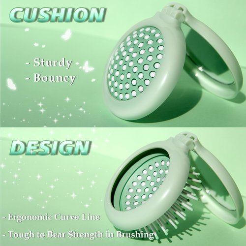 Arthaxi Mini Hair Brush for Purse, Travel Hair Brush with Mirror for Girls, Small Compact Mirror with Brush Pocket Size,Durable Brush and Mirror Combo as Gifts for Women, Vibrant Green, Round