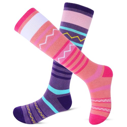KUYOU Kids Ski Socks 2 Pair Skiing Socks Long Warm Knee High Winter Snow Skating Snowboarding Socks for 6-12 Years Old