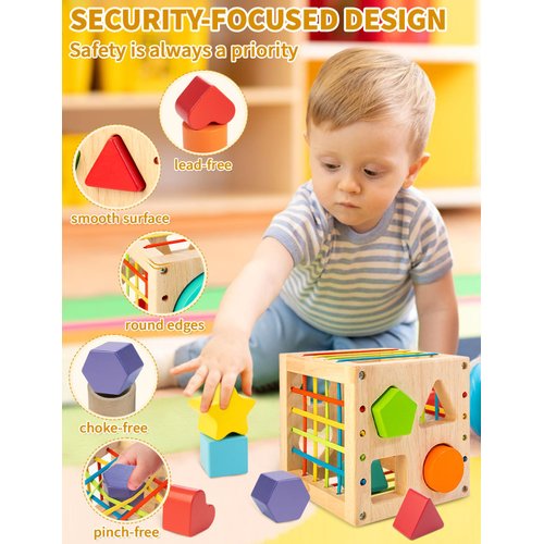 AMAWOOD Montessori Toy for Toddlers, Shape Sorter for Baby, Wooden Shape Sorting Cube with 8 Rattling Blocks Baby Toys, Educational Learning Toy, Best Gift for Your Baby Boy Girl