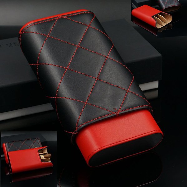 Cigar in Style Red Black Leather Adjustable Cedar Wood Cigar Case Holder Travel Kit