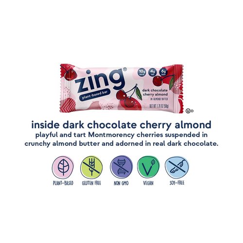 Zing Dark Chocolate Cherry Vegan Protein Bars, Gluten Free with High Protein, High Fiber, Dairy Free Nutrition Bars, Plant Based Protein, Kosher, Low Sugar, No Sugar Alcohols - 12 count