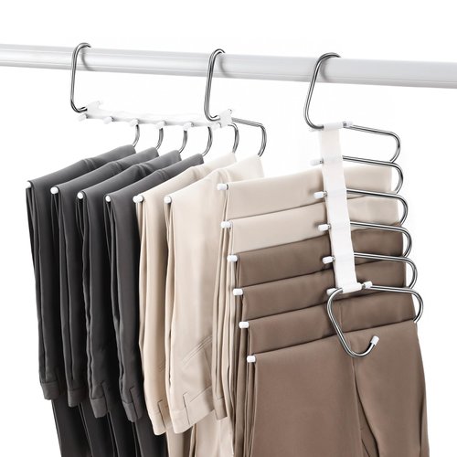 Upgraded Pants Hangers Space Saving, 6 Layers Clothes Rack, Stainless Steel Multifunctional Closet Organizer, Non Slip Metal Hangers for Pants Jeans Skirts Trousers (2 Pack)