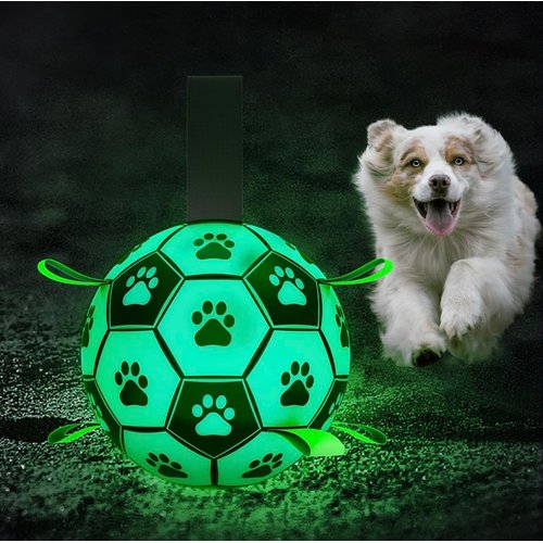 Glow in The Dark Dog Toy - Light Up Soccer Dog Ball, Interactive Pet Toy for Any Size - Indoor and Outdoor Use, Straps for Easy Grab (6 inch)