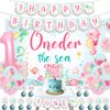 Oneder the Sea 1st Birthday Girl Decorations, Under the Sea Ocean Animal Birthday Party Supplies, Oneder the Sea Backdrop Happy Birthday Banner High Chair Banner Cupcake Cake Topper Printed Balloons