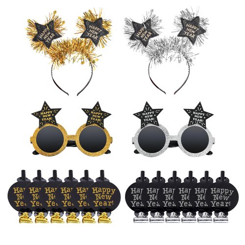 obmwang 16 Pieces New Years Eve Party Supplies Happy New Year Eyeglasses Happy New Year Headband and Metallic Noise Makers for 2024 New Year's Eve Party Favors