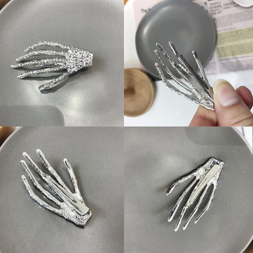 Hair Barrettes Halloween Hair Accessories for Women Girls Silver Skeleton Hand Hair Clips Punk Horror Bone Hair Clip Barrettes for Party Cosplay 2pcs