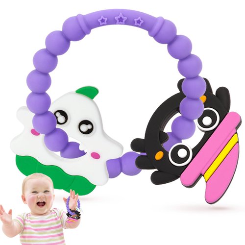 Halloween Baby Teething Toy 3-12 Months, Halloween Teething Ring Toy White Ghost & Pumpkin Baby Teething Toy Cute Halloween Ring Theether Soft Silicone Baby Teething Toy Lovely Gifts Baby Teething Toy