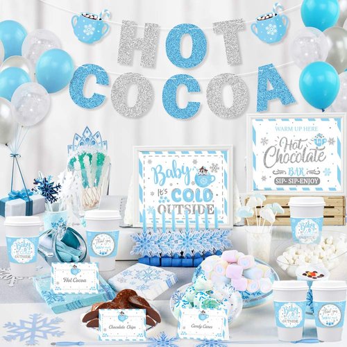 Hot Cocoa Bar Kit Hot Cocoa Bar Banner Baby It’s Cold Outside Bar Sign Toppings Labels Tent Cards Cup Tags Stickers with 30pcs Snowflake Balloons for Frozen Party Winter Wonderland Birthday Baby