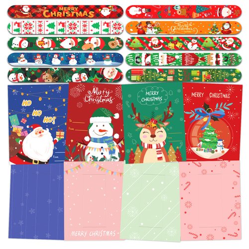 PARTYWIND 32 PCS Christmas Cards and 32 PCS Slap Bracelets for Kids, Christmas Holiday Greeting Cards for Party Decorations Supplies, Goodie Bag Stocking Stuffers Toys