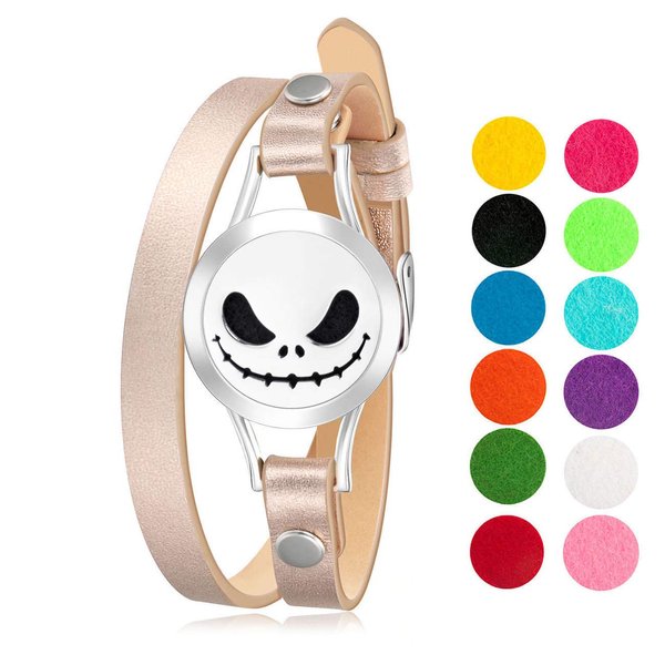 Wild Essentials Jack Skullington Essential Oil Bracelet Diffuser, Leather Wrap Band, Stainless Steel Locket Pendant, 12 Color Refill Pads, Customizable Color Changing Perfume Jewelry for Aromatherapy