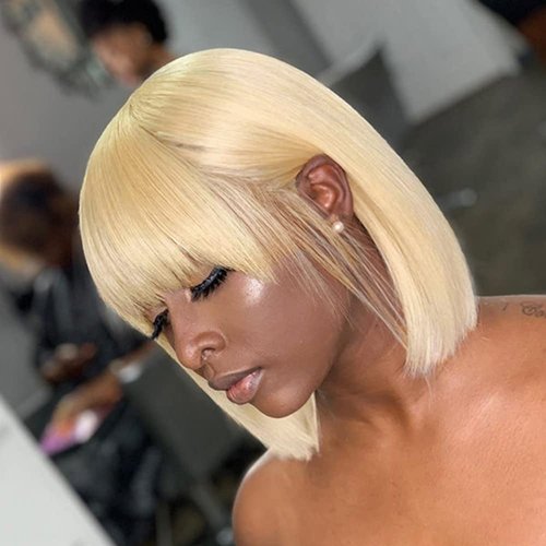 21AE Glueless Wigs Human Hair Bleached Knots, 613 Blonde Bob Wig with Bangs, Blunt Cut Silky Straight Realistic Look HD Lace 12 Inch Short Bob Wigs With Bangs, 100% Brazilian Human Virgin Hair Wigs